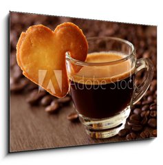 Obraz 1D - 100 x 70 cm F_E25317575 - Espresso coffee with cake on brown background - Espresso kva s kolem na hndm pozad