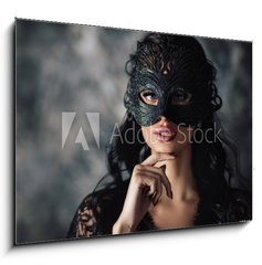 Obraz 1D - 100 x 70 cm F_E254214025 - portrait of sexy beautiful woman in lace black erotic lingerie and carnival mask on dark background