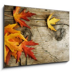 Sklenn obraz 1D - 100 x 70 cm F_E26583135 - Autumn Leaves over wood background.With copy space