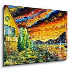 Obraz 1D - 100 x 70 cm F_E277362459 - Impressionism oil painting landscape paint art Red sea ship, scarlet sails, sunset over mountains, yellow