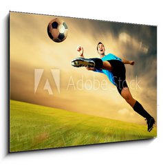 Sklenn obraz 1D - 100 x 70 cm F_E27867242 - Happiness football player on field of olimpic stadium on sunrise - Happiness fotbalista na poli olympijskho stadionu na vchod slunce