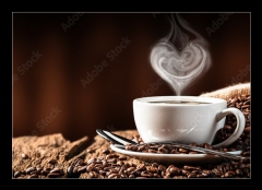 Obraz 1D - 100 x 70 cm F_E286399259 - White Cup Of Hot Coffee With Heart Shaped Steam On Old Weathered Table With Burlap Sack And Beans