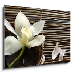 Sklenn obraz 1D - 100 x 70 cm F_E28682309 - bowl of orchid, petal on bamboo mat