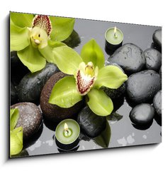 Obraz 1D - 100 x 70 cm F_E30029365 - therapy stones and orchid flower with water drops