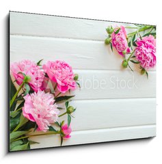 Obraz 1D - 100 x 70 cm F_E313371368 - Pink peony flowers on white wooden table. womans day or wedding background. Top view.