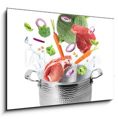 Obraz 1D - 100 x 70 cm F_E320560675 - Many different ingredients falling into pot on white background. Delicious recipe