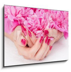 Obraz 1D - 100 x 70 cm F_E32966573 - Woman cupped hands with pink manicure holding a flower