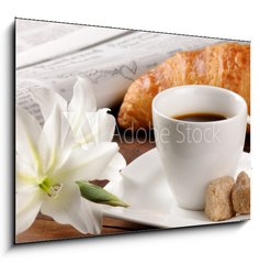 Sklenn obraz 1D - 100 x 70 cm F_E33687972 - Breakfast with newspaper, croissant and coffee