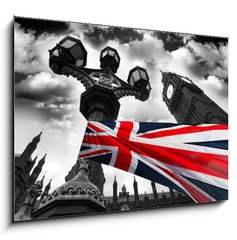 Sklenn obraz 1D - 100 x 70 cm F_E34366190 - Big Ben with colorful flag of England, London, UK - Big Ben s barevn vlajky Anglie, Londn, Velk Britnie