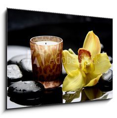 Obraz 1D - 100 x 70 cm F_E34861680 - aromatherapy candle and zen stones with yellow orchid reflection - aromaterapeutick svky a zenov kameny se lutm orchidejovm odrazem