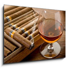 Obraz 1D - 100 x 70 cm F_E34951476 - cuban cigar and cognac on wood background - kubnsk doutnk a koak na devnm pozad