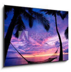 Obraz 1D - 100 x 70 cm F_E37335757 - Beautiful Vacation Sunset, Hammock Silhouette with Palm Trees - Krsn Zpad slunce, Hammock silueta s palmami