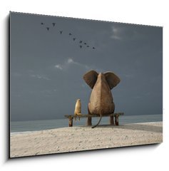 Sklenn obraz 1D - 100 x 70 cm F_E37592738 - elephant and dog sit on a beach - slon a pes sed na pli