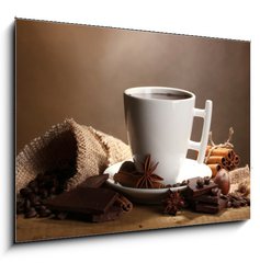 Obraz 1D - 100 x 70 cm F_E38114292 - cup of hot chocolate, cinnamon sticks, nuts and chocolate