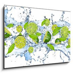 Obraz 1D - 100 x 70 cm F_E38602855 - Fresh limes in water splash,isolated on white background - erstv limes ve vod stkajc, izolovanch na blm pozad