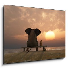 Sklenn obraz 1D - 100 x 70 cm F_E39128366 - elephant and dog sit on a summer beach