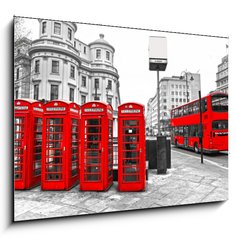 Obraz 1D - 100 x 70 cm F_E39354761 - Red telephone boxes and double-decker bus, london, UK.