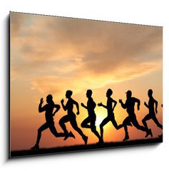 Sklenn obraz 1D - 100 x 70 cm F_E41044614 - Marathon, black silhouettes of runners on the sunset - Maraton, ern siluety bc na zpad slunce