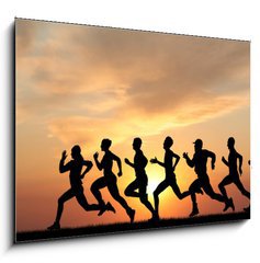 Sklenn obraz 1D - 100 x 70 cm F_E41044614 - Marathon, black silhouettes of runners on the sunset - Maraton, ern siluety bc na zpad slunce