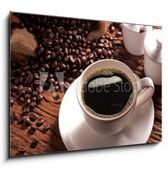 Obraz 1D - 100 x 70 cm F_E41409158 - Coffee cup with burlap sack of roasted beans