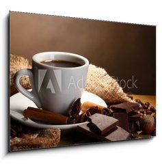 Obraz 1D - 100 x 70 cm F_E41590133 - coffee cup and beans, cinnamon sticks, nuts and chocolate