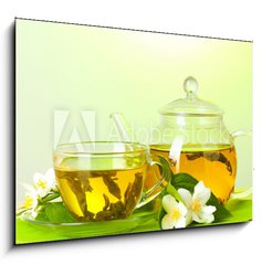 Obraz   tea with jasmine in cup and teapot on table on green background, 100 x 70 cm