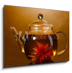 Obraz 1D - 100 x 70 cm F_E42285259 - glass teapot and cup with exotic green tea - sklenn ajov konvice a lek s exotickm zelenm ajem