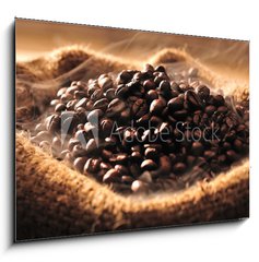 Obraz 1D - 100 x 70 cm F_E42302963 - Coffee beans with smoke in burlap sack