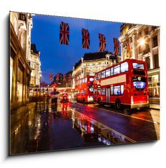 Obraz 1D - 100 x 70 cm F_E42491126 - Red Bus on the Rainy Street of London in the Night, United Kingd