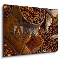 Obraz 1D - 100 x 70 cm F_E42595888 - Kaffee. Kaffeebohnen und Kaffeem hle - Kvu. Kvov zrna a mlnky na kvu
