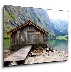 Obraz 1D - 100 x 70 cm F_E42625977 - log cabin in Obersee,koenigssee, Berchtesgaden