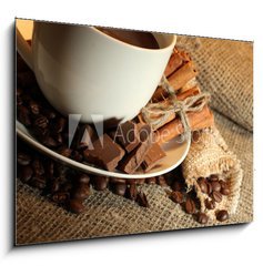 Obraz 1D - 100 x 70 cm F_E42677885 - cup of coffee and beans, cinnamon sticks and chocolate