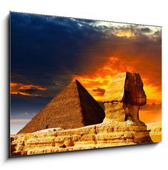 Sklenn obraz 1D - 100 x 70 cm F_E42751455 - Great Sphinx and the Pyramids at sunset - Velk sfinga a pyramidy pi zpadu slunce