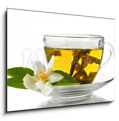 Obraz 1D - 100 x 70 cm F_E42891884 - cup of green tea with jasmine flowers isolated on white