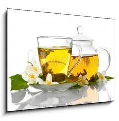 Obraz 1D - 100 x 70 cm F_E42891887 - green tea with jasmine in cup and teapot isolated on white