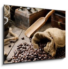 Sklenn obraz 1D - 100 x 70 cm F_E43606423 - Roasted coffee beans in vintage setting - Peen kvov zrna v vinobran