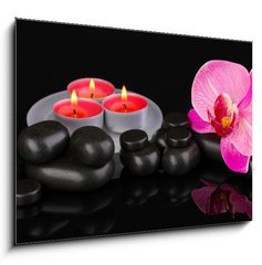 Obraz 1D - 100 x 70 cm F_E44325294 - Spa stones with orchid flower and candles isolated on black