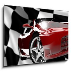 Obraz 1D - 100 x 70 cm F_E44436223 - Red car on a checkered flag - erven auto na kostkovan vlajce