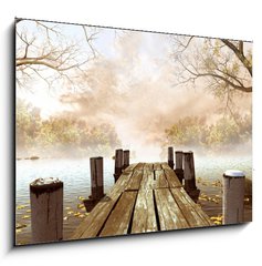 Obraz   Jesienna sceneria z drewnianym molo na jeziorze, 100 x 70 cm