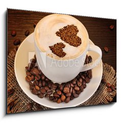 Obraz 1D - 100 x 70 cm F_E44905148 - Latte on wooden table on brown background