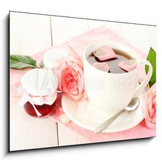 Obraz 1D - 100 x 70 cm F_E45499429 - cup of tea with roses and jam on white wooden table