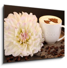 Obraz   Latte on wooden table on brown background, 100 x 70 cm