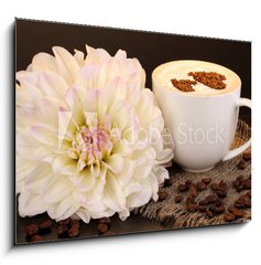 Obraz 1D - 100 x 70 cm F_E45499614 - Latte on wooden table on brown background - Latte na devnm stole na hndm pozad