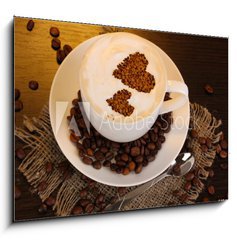 Obraz   Latte on wooden table on brown background, 100 x 70 cm