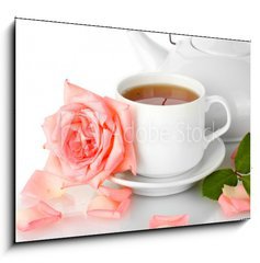 Obraz 1D - 100 x 70 cm F_E45798978 - teapot and cup of tea with rose isolated on white