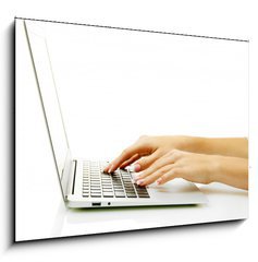 Obraz 1D - 100 x 70 cm F_E46202302 - female hands writing on laptot, isolated on white