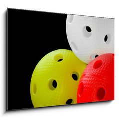 Sklenn obraz 1D - 100 x 70 cm F_E46394116 - Three floorball balls isolated on a black background - Ti florbalov mky na ernm pozad