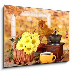 Obraz 1D - 100 x 70 cm F_E46892212 - autumnal composition:coffee grinder, flowers  and leaves
