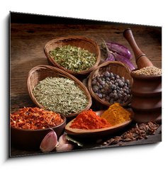 Obraz 1D - 100 x 70 cm F_E47170066 - Different spices over a wood background. - Rzn koen na pozad deva.