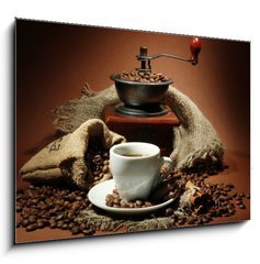 Obraz 1D - 100 x 70 cm F_E47552401 - cup of coffee, grinder, turk and coffee beans - lek kvy, mlnky, tuk a kvov zrna